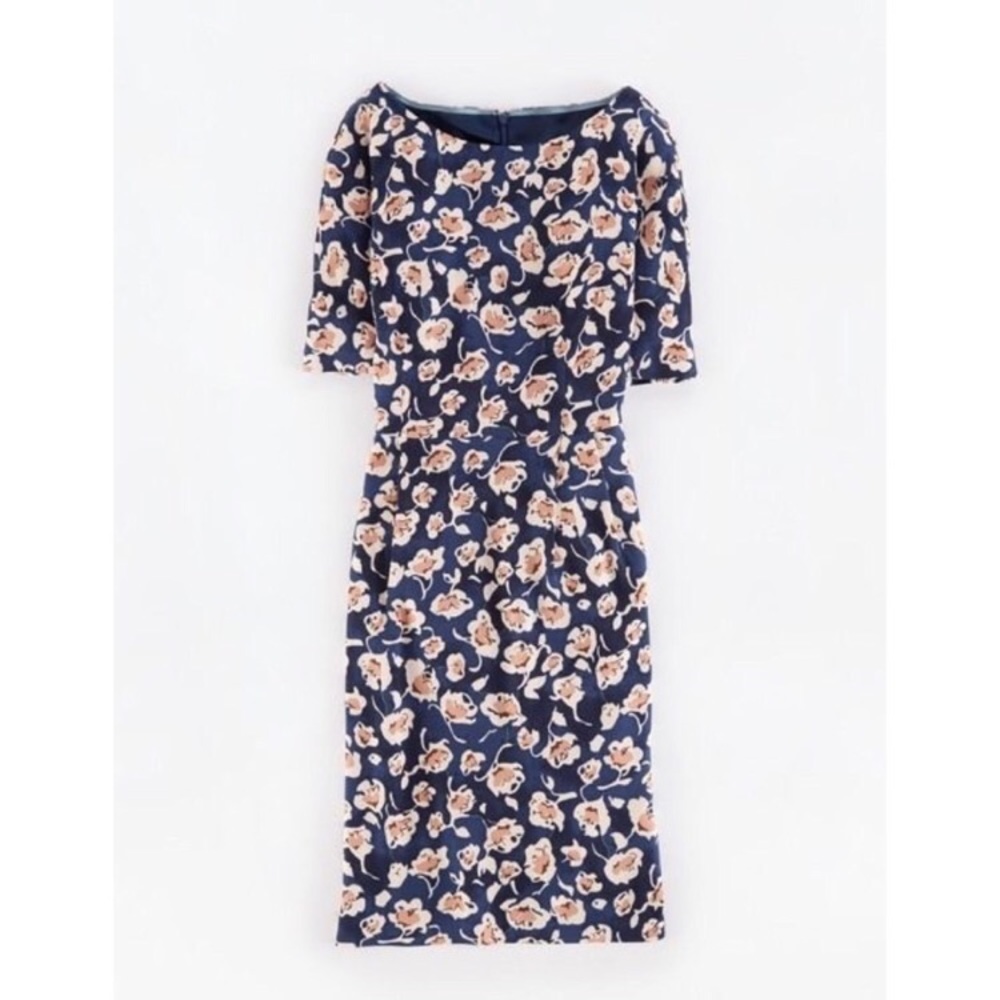 Boden Cathy Dress blue floral elbow length sleeves